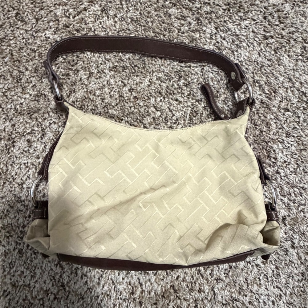 Tommy Hilfiger Monogram Jacquard Shoulder Bag Beige Brown Baguette Handbag